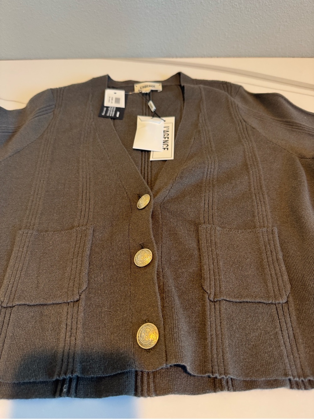 L’Agence Taupe Ribbed Knit Cardigan with Gold Buttons and Pockets